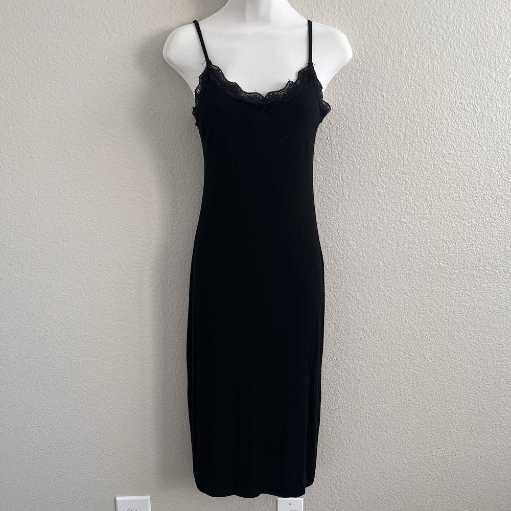 Medium 90s Black Ribbed Midi Slip Dress Lace Trim Soft Grunge Bodycon Minimalist